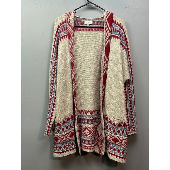 Lucky Brand Sweaters - Lucky Brand Cardigan Womens 3X Beige Red Blue Southwestern Hooded Open Front